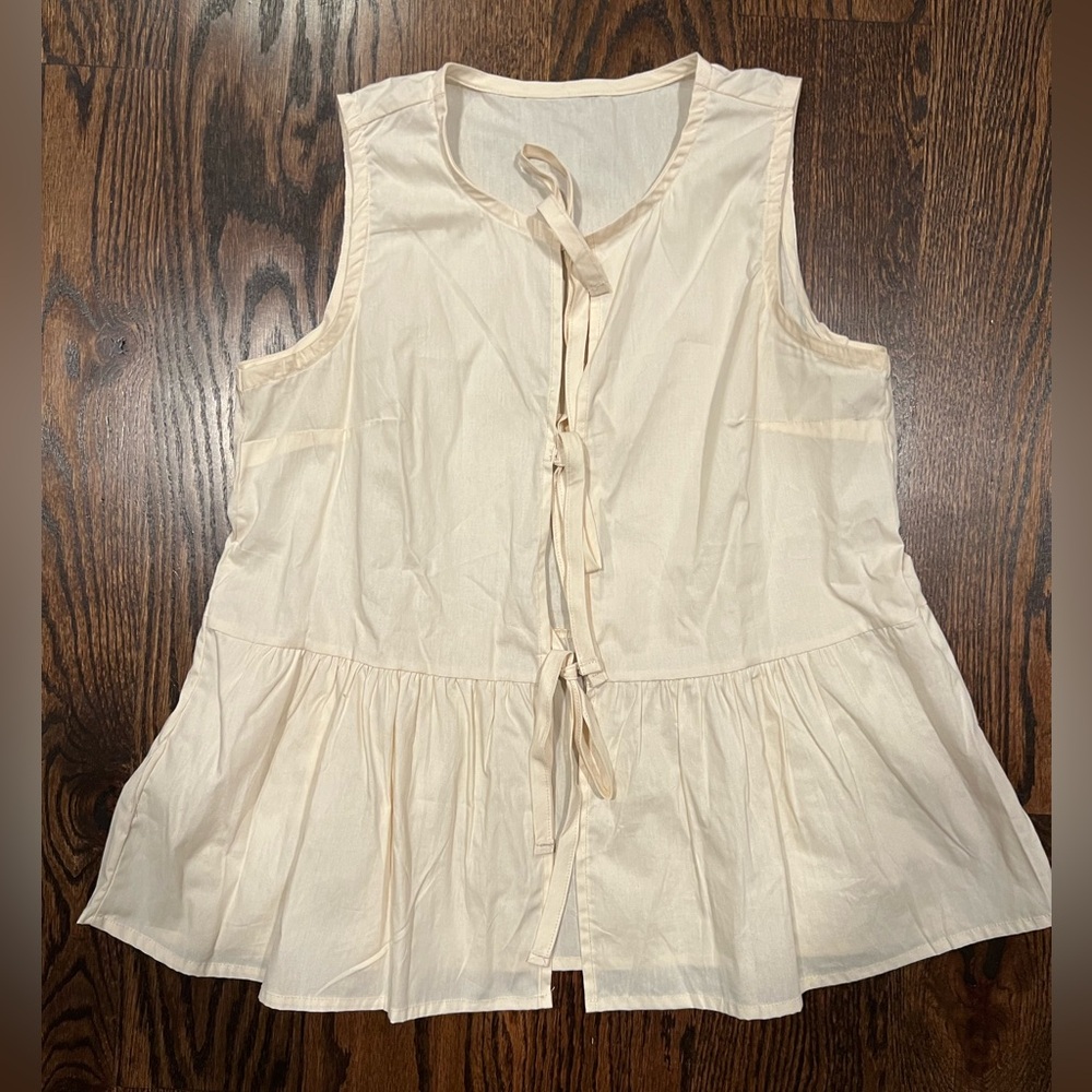 Cream Sleeveless Tie-Front Peplum Top (M, 100% Cotton)
